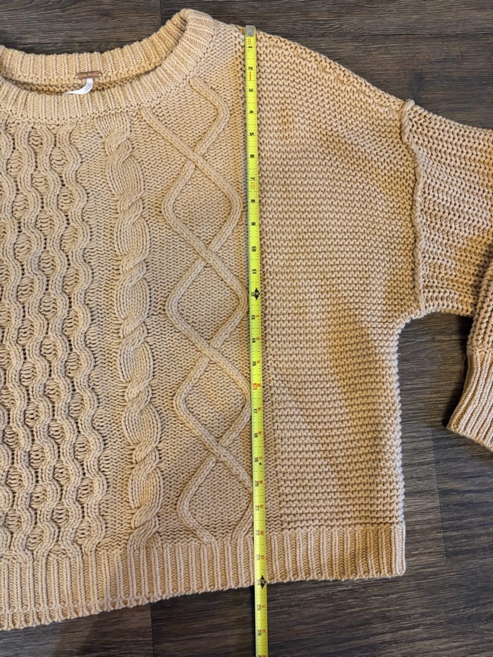 Free People Boho Sweater Dream Cable Crewneck Heavyweight Camel Brown Size XL - Picture 5 of 8